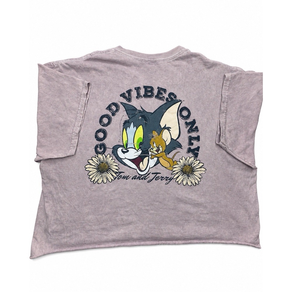 Tom & Jerry Good Vibes Only Women's L Crop Tee Mauve Daisy Graphic Vintage Wash